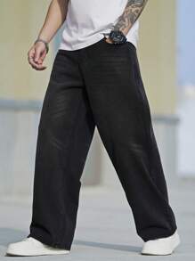 Manfinity Homme Pantalones vaqueros de pierna ancha de unicolor casuales con bolsillos, pantalones vaqueros anchos lisos de gran tamaño lavados negros tipo cargo, para regalos de esposo o novio