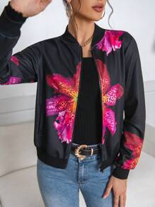 SHEIN Privé 1 pieza Chaqueta bomber de mujer con estampado floral de manga larga - Multicolor - Ver 3