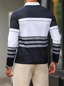 Manfinity Homme Áo thun polo dài tay thường ngày in họa tiết sọc tương phản dành cho nam - Nhiều màu - Xem 2