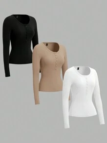 SHEIN EZwear 3 色黑色、白色、卡其色大码女式针织 T 恤，适合秋冬季 - 彩色 - 查看 3