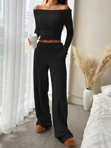 SHEIN EZwear 女士罗纹船领上衣和宽松长裤套装 - 黑色 - 查看 5