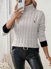 Calvaya Suéter de cuello alto casual y versátil de manga larga con patrón de giro y bloques de color, tejido de punto para otoño e invierno - Gris - Ver 3