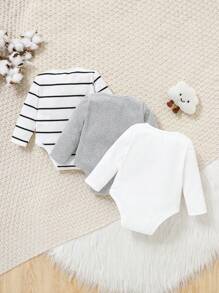 SHEIN 3pcs/Set Newborn Baby Girl Cute Knit Elastic Striped Long Sleeve Romper, Autumn/Winter