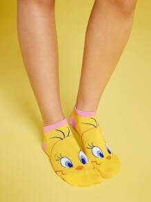 LOONEY TUNES X SHEIN Set de 4 pares de calcetines de tobillo con estampado de dibujos animados y bloques de color para mujer - Multicolor - Ver 3