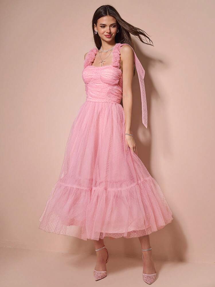 Autumn/Winter Romantic Women's Pink 3D Flower Decor Maxi Length Sweetheart Elegant  Ruffle Hem Mesh Princess Dress,For Halloween&Christmas Party