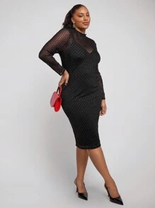 SHEIN Clasi Vestido de Festa Longo Sexy e Colante Plus Size para Mulheres, Preto com Folha de Ouro/Prata, Adequado para Festa de Outono - Preto - Visão 5