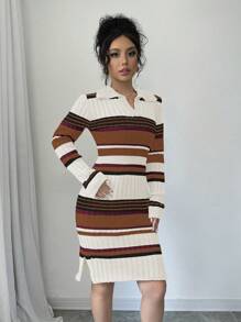 Chiquease Robe pull ajustée à manches longues avec imprimé de rayures contrastées pour femmes - Multicolore - Voir 4