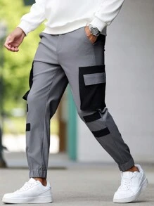Manfinity Homme Men's Contrast Color Casual Sports Pants, Slim Tapered, Elasticated Cuffs, Zipper, Large Contrast Pockets, Mature Casual Trousers