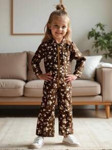 SHEIN Girls' Fashionable European-Style Romper Suit Suitable For Vacation, Spring And Autumn - Brown - View 1