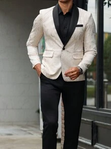 Manfinity Mode 男士 2 件套商务西装套装，拼色披肩领长袖夹克和裤子，适合外出，秋季