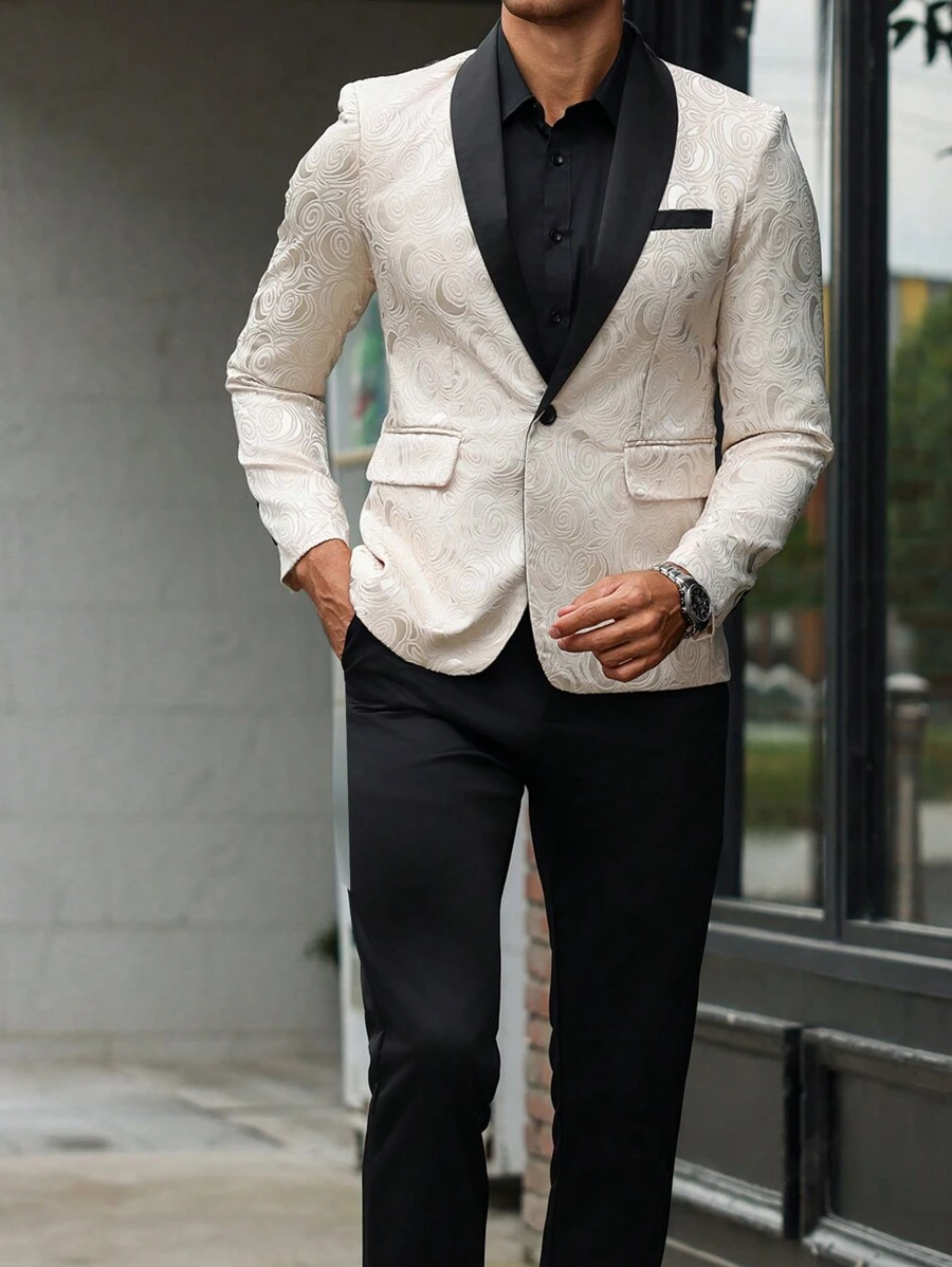 Manfinity Mode 男士 2 件套商务西装套装，拼色披肩领长袖夹克和裤子，适合外出，秋季