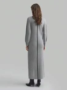 Ontre 女士 2025 春季新品撞色高领毛衣裙，日常穿着和商务休闲装，长款灯笼袖撞色边缘毛衣裙 - 駝色 - 查看 2