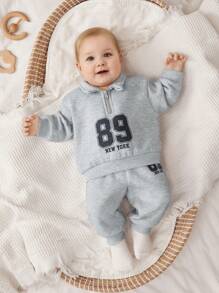 SHEIN 2pcs Set Newborn Baby Boy/Girl Casual Sports College Style Letter Print Stand Collar Sweatshirt And Elastic Waist Pants Set, Suitable For Autumn & Winter, Indoor And Outdoor - Grey - View 5