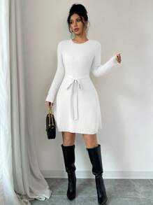 Chiquease 1pc Solid Color Fitted A-Line Midi Length Flare Sweater Dress