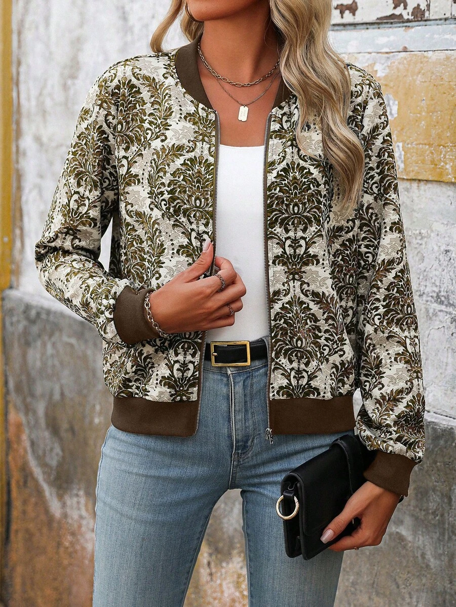 SHEIN LUNE Casual Women All-Over Botanical Print Zip-Up Bomber Jacket, Long Sleeve - Apricot - View 1