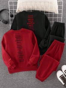 Tween Boy 4pcs/Set Fall Casual Round Neck Pullover Sweatshirt & Jogger Pants Two-Piece Outfits - Red - View 2