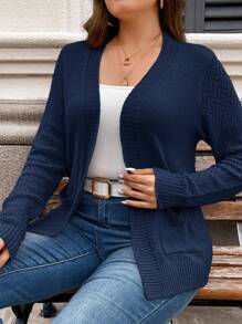 SHEIN LUNE Cardigan de Malha Casual Versátil de Cor Sólida com Bolsos, Roupas de Inverno de Manga Longa Térmica para Mulheres em Férias