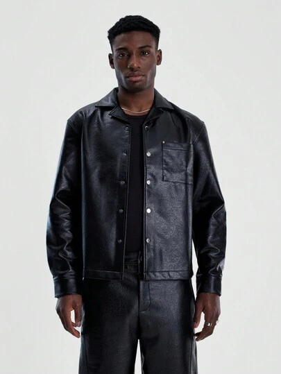 Musero Men Oversized PU Basic Front Pocket Button Up Leather Jacket SPRING SUMMER