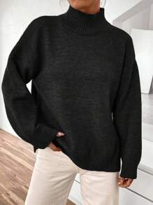 Chiquease High Neck Drop Shoulder Sweater,Long Sleeve Tops Knit Pullover Fall Winter Outfit - Black - View 3