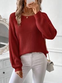 SHEIN Clasi Áo len chui đầu cổ tròn thanh lịch và giản dị dành cho nữ vào mùa đông với thiết kế ren khoét lưng và dây đeo chéo, thích hợp cho các dịp lễ, đi chơi, đi làm, mua sắm, tiệc tùng và mặc ở nhà. - Đỏ - Xem 2