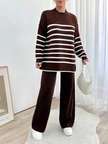 EURMUSE Woman Striped And Button Detailed Sweater And Pants Co-Ords Winter Two Piece Outfits - Brown - View 5