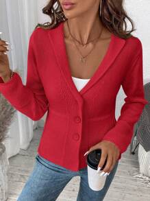 SHEIN LUNE 女士纯色正面纽扣休闲长袖毛衣开衫新年衣服