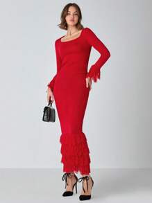 Enchnt Femmes Pull ajusté élégant de couleur unie avec poignets en dentelle, automne/hiver - Noir - Voir 5