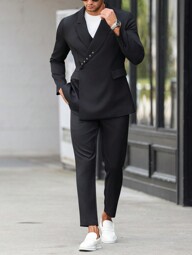 Calvornis Men's Business Casual Diagonal Lapel Design With Metal Eyelet Collar, Stylish Body-Flattering Black Suit Set, Suitable For Festive Parties And Daily Wear ,Men Two Pieces Outfits