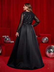 Glamrae 大码优雅浪漫黑色深 V 领长袖亮片拼接缎面高开叉 A 字裙，适合婚礼、派对、节日和正式活动晚礼服（重型）、舞会晚礼服、婚礼宾客、毕业典礼、派对礼服