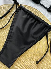 女士纯色吊带金属串珠性感比基尼套装 - 黑色 - 查看 4