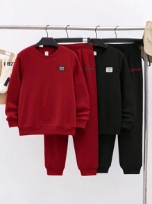 Tween Boy 4pcs/Set Fall Casual Round Neck Pullover Sweatshirt & Jogger Pants Two-Piece Outfits - Red - View 1