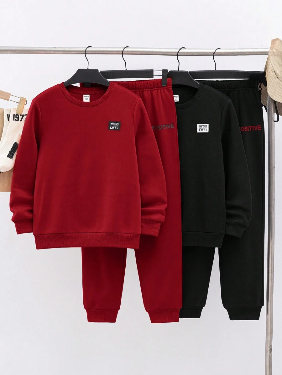 Tween Boy 4pcs/Set Fall Casual Round Neck Pullover Sweatshirt & Jogger Pants Two-Piece Outfits - Red - View 1