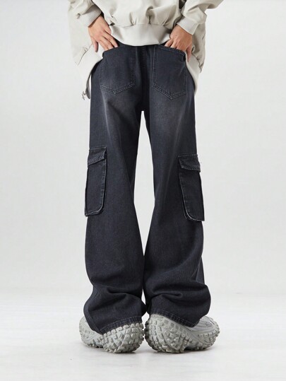 Street Life Men's Baggy Denim Jeans With Star And Leopard Print, Loose Fit With Cargo Pockets