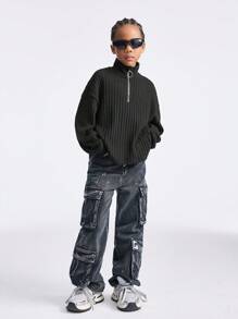 SHEIN Tween 女孩秋冬返校/基本款针织罗纹针织四分之一拉链黑色宽松高领 T 恤 - 黑色 - 查看 7