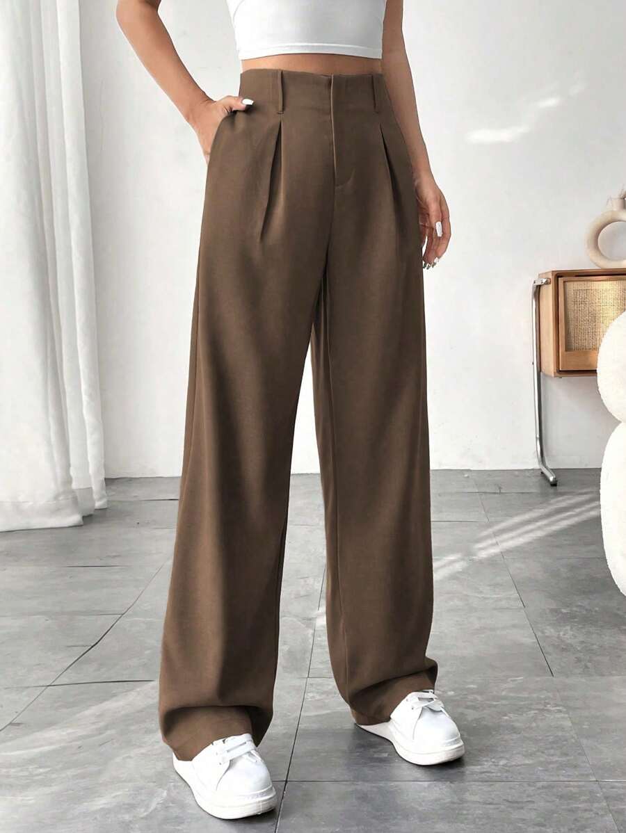 SHEIN PETITE Quần ống đứng màu trơn thường ngày cho nữ - màu nâu - Xem 1