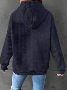 Loose Fit Pullover Solid Color Hooded Long Sleeve Waffle Knit Sweatshirt, Autumn - Navy Blue - View 3