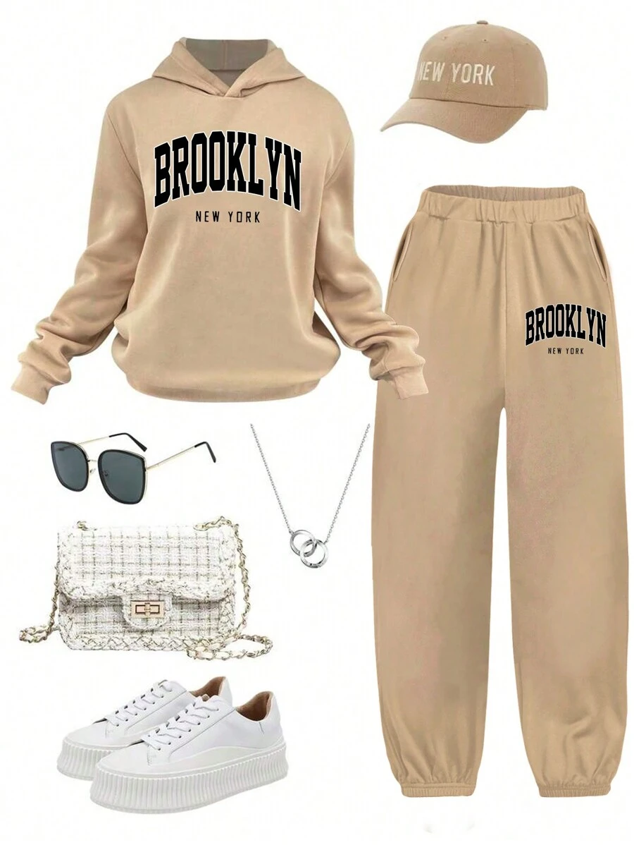 SHEIN Leap Crew Áo nỉ trùm đầu tay dài in chữ đơn giản thường ngày cho bé gái tuổi teen ở Brooklyn, New York, phù hợp với trang phục mùa thu/đông cho bé gái, quần áo mùa đông cho bé gái, quần áo cho bé gái tuổi teen, trang phục mùa thu, quần áo mùa thu cho bé gái, áo nỉ mùa thu, bộ đồ cho bé gái tuổi teen, quần áo mùa thu cho bé gái, quần áo mùa thu cho bé gái tuổi teen, áo hoodie cho bé gái tuổi teen - Lạc đà - Xem 1