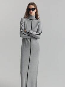 Ontre 女士 2025 春季新品撞色高领毛衣裙，日常穿着和商务休闲装，长款灯笼袖撞色边缘毛衣裙 - 駝色 - 查看 7