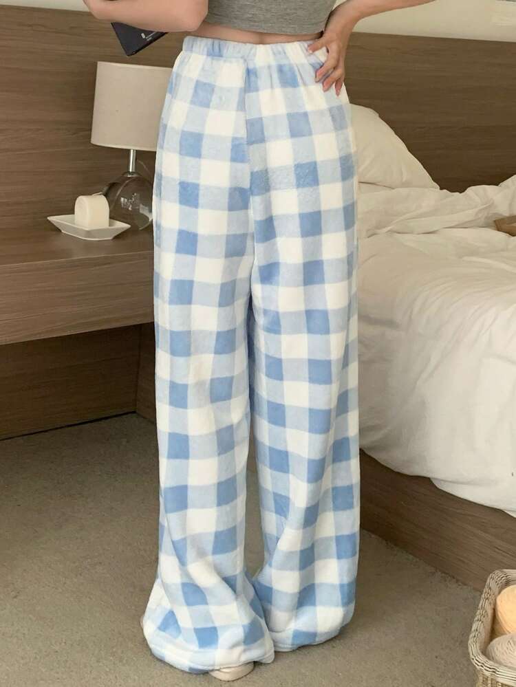 Plaid Pattern Fleece Straight Leg Loungewear Cozy Pants Fall,Winter Fluffy