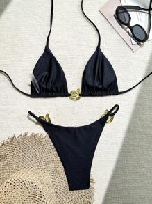 Women Solid Color Fashionable & Sexy Bikini Set For Beach Summer - Black - View 2