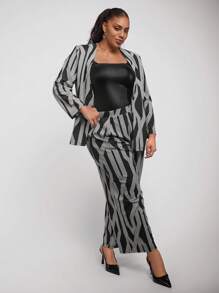 SHEIN Clasi Plus Size Full Print Long Sleeve Top And Pants Elegant 2 Pieces Set, Suitable For Commuting - Black and White - View 1