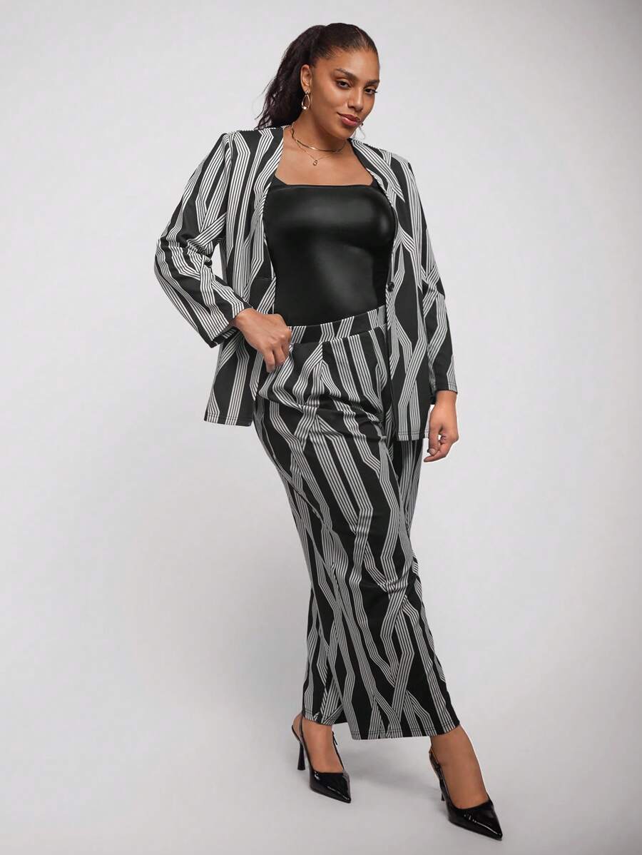 SHEIN Clasi Plus Size Full Print Long Sleeve Top And Pants Elegant 2 Pieces Set, Suitable For Commuting - Black and White - View 1