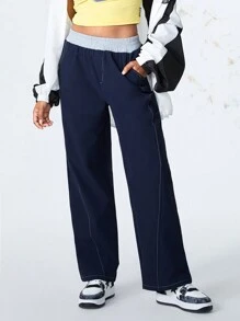 SHEIN Sports Pantalones deportivos de mujer con cintura elástica y contraste de color - Azul Marino - Ver 1