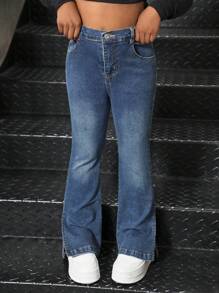 Tween Girl Casual Elastic Flare Washed Jeans, Versatile And Comfortable For Everyday Wear - Medium Wash - View 8