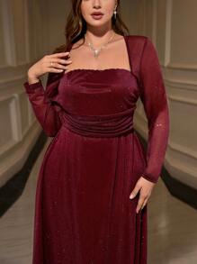 SHEIN Privé 大码秋季休闲优雅荷叶边腰部金属闪光连衣裙 - 酒紅色 - 查看 6