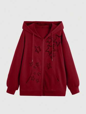 Fairycore Star Print Drawstring Hooded Sweatshirt For Casual, Autumn