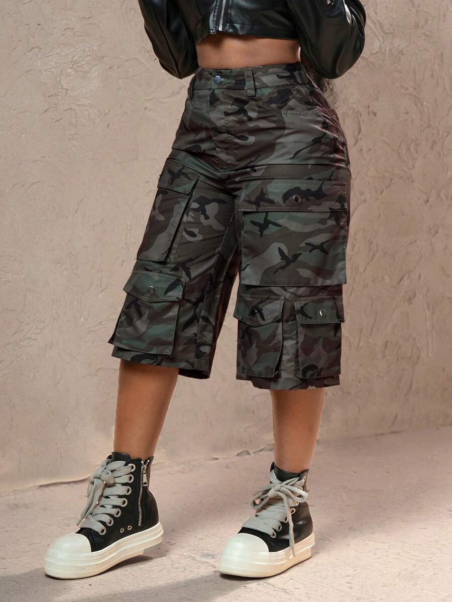 Slaydiva 女士休闲街头迷彩印花工装七分裤 - 彩色 - 查看 1