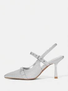 CUCCOO HITCHD Sexy Metallic Pointed Toe Double Chain Backless High Heel Shoes, Modern Party Spring Shoes Spring Break Easter Prom Heels - Silver - View 3