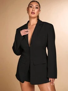 SHEIN BAE Chaqueta de traje de talla grande para mujer de unicolor elegante y elegante, con cintura ceñida, manga larga, color beige, adecuada para citas y desplazamientos, otoño/invierno
