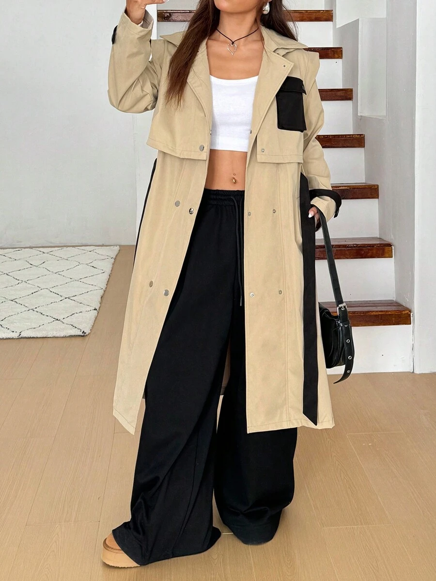 SHEIN EZwear Jaqueta casual feminina com gola virada para baixo e manga comprida, bolso utilitário, para o outono - Caqui - Ver 1